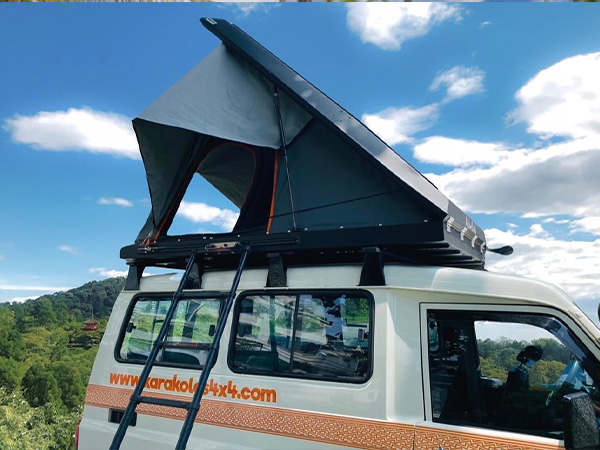 The Toyota Landcruiser with the roof tent open and the ladder down